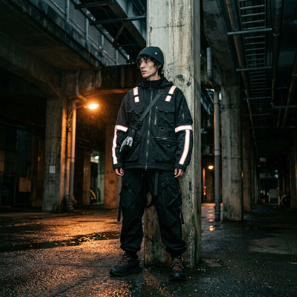 NÃ˜RTHBLOCK Drop 004 Night Transit campaign â€” model wearing oversized utility jacket in a dimly lit city underpass