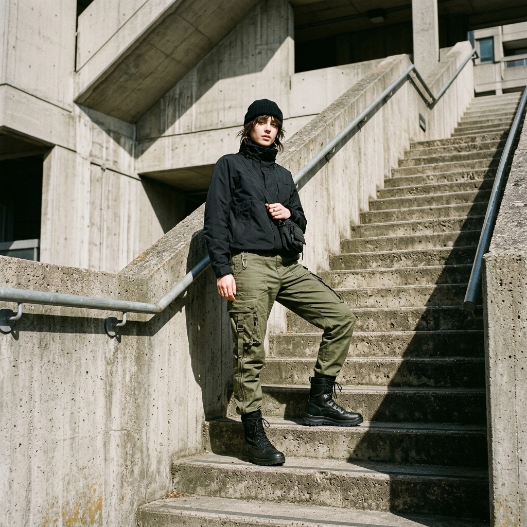 Street style model wearing cargo utility trousers on brutalist concrete stairs