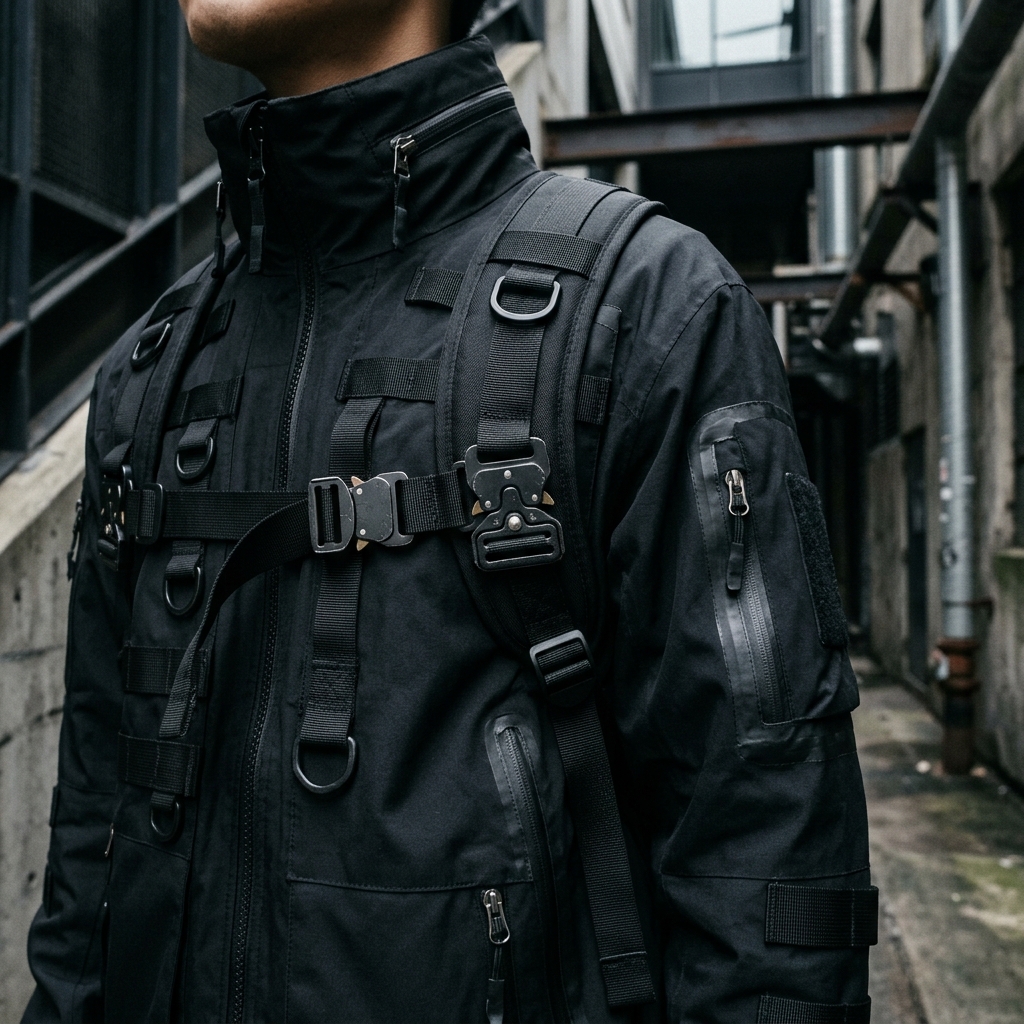 Detail shot of black techwear outerwear jacket with straps and utility buckles