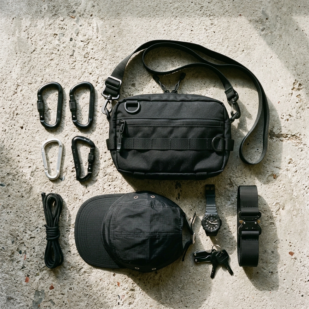 Product flat lay of technical streetwear accessories on concrete