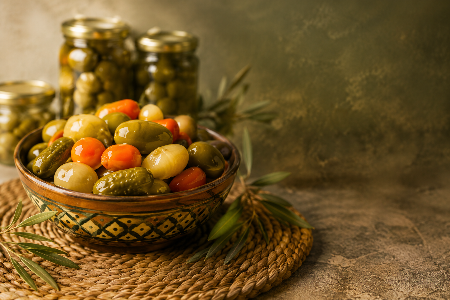 مخللات مشكلة في وعاء مغربي مزخرف