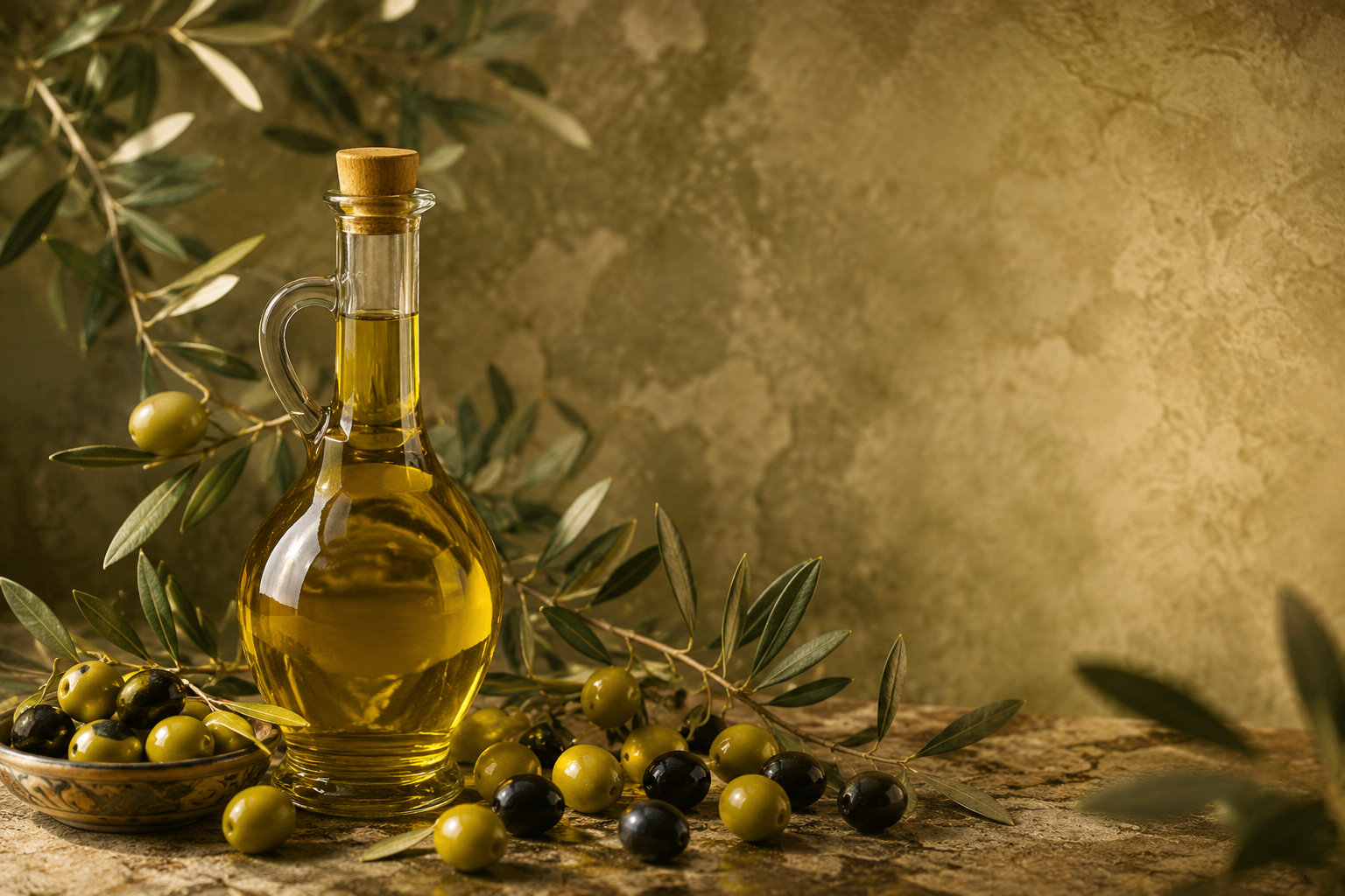 زجاجة زيت زيتون بكر ممتاز وأغصان زيتون