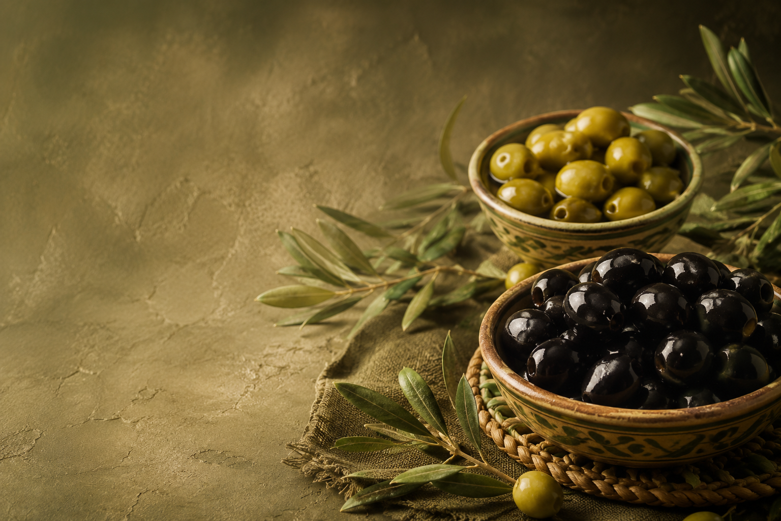 زيتون أخضر وأسود في أوانٍ مغربية تقليدية