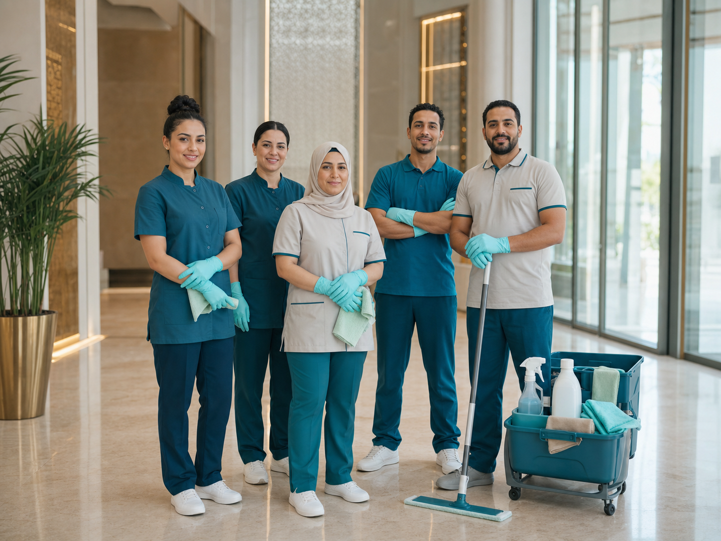 The Platinum Clean team in a spotless modern lobby